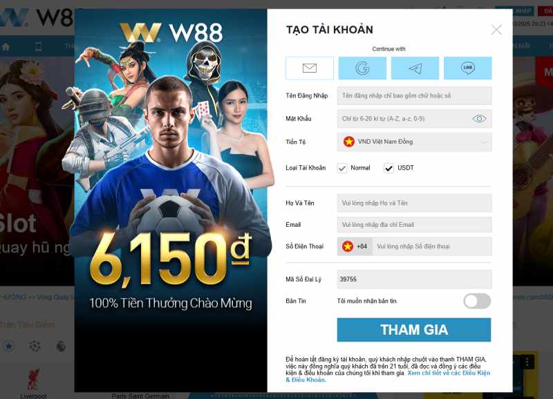 Điền đầy đủ thông tin W88 đăng ký